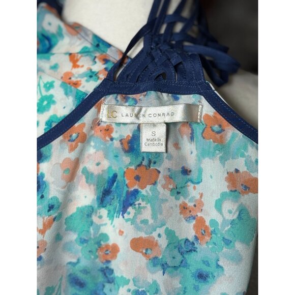 Lauren Conrad Floral Print Sleeveless Top Strappy Back Geometric Neckline Blue - Picture 6 of 8
